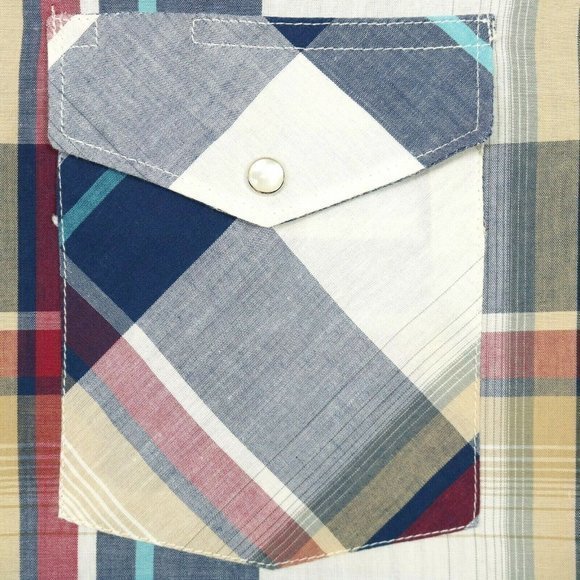 Vintage Wrangler Western Shirt White Blue Red Tan Plaid Pearl Snap XL - Picture 7 of 12